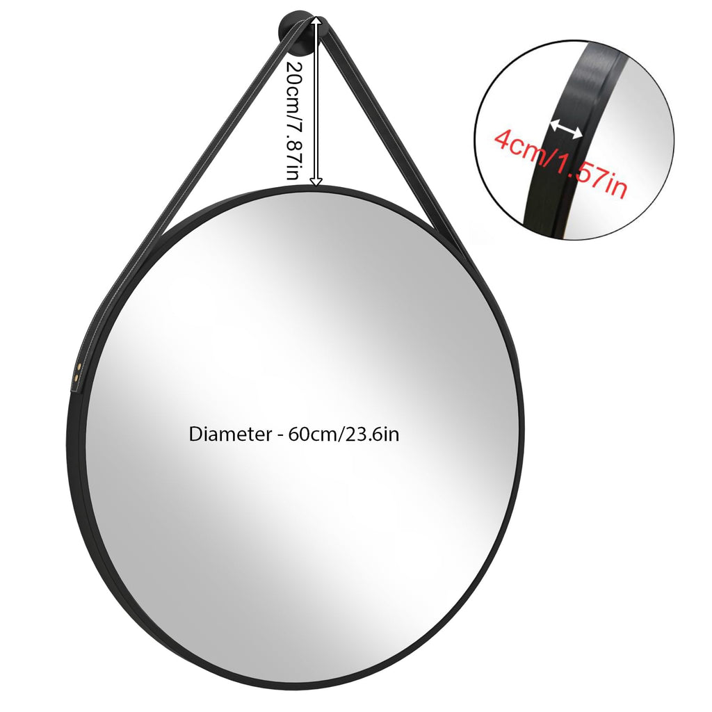 Hanging Strap Wall Mirror: 23.6" Round Bathroom Mirror Black Frame