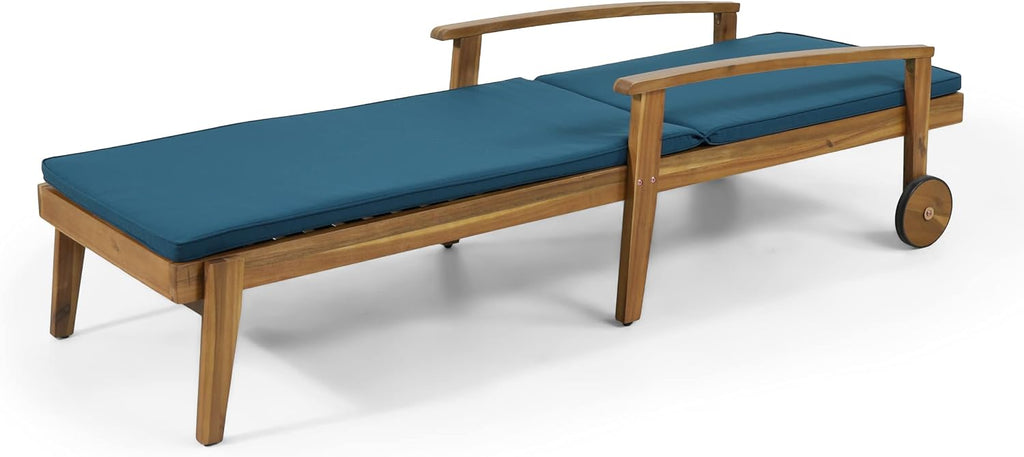 Outdoor Chaise Lounge with Water Resistant Cushion - Acacia Wood - Teak/Blue (Set of 2)