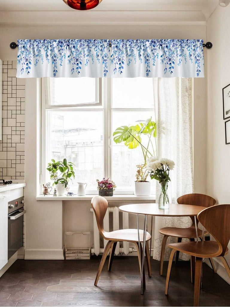 Valances for Windows Blue Eucalyptus Leaf Rod Pocket Cafe Window Treatments Valance Curtains for Kitchen Bathroom