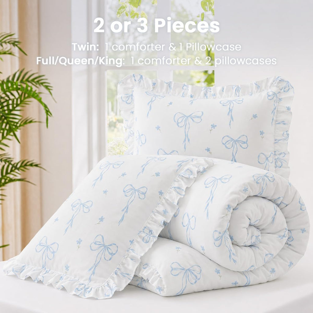 Ruffle Comforter Set, White Comforter Set with Blue Bow
