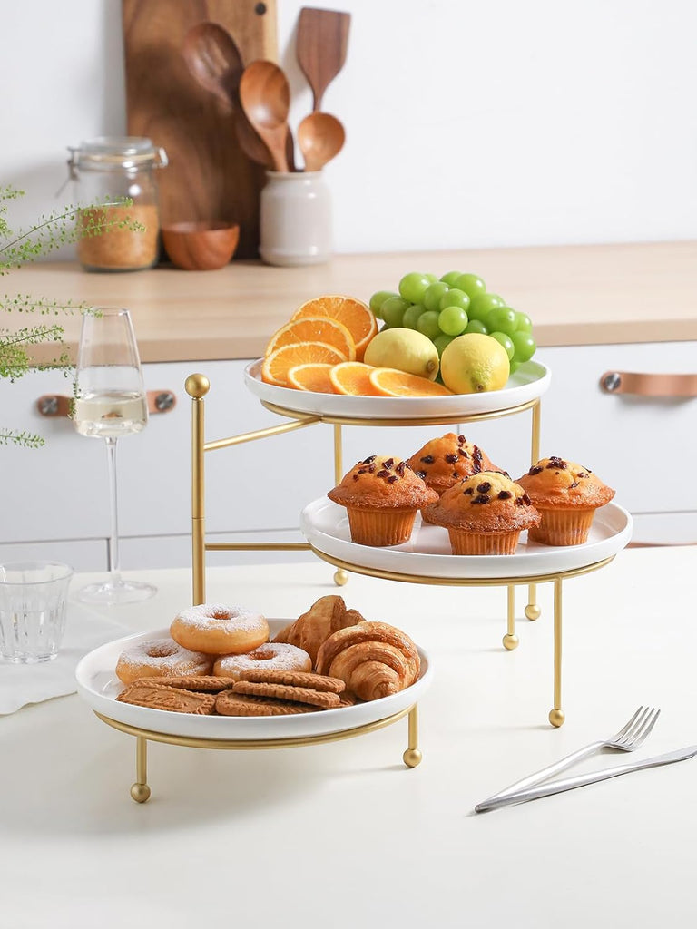 3 Tiered Serving Stand with White Porcelain Plates, 10" Round Tray, dessert table display set, Gold Metal Stand