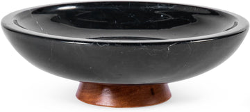 Decorative Marble Bowl Black - Handcrafted Natural Stone on Acacia Wood Pedestal - Versatile 10" Catch‐All