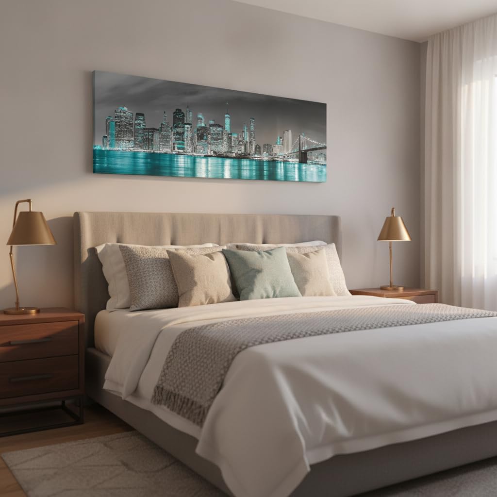 New York Skyline City Wall Art Framed Black and White Turquoise Bedroom Decor Pictures Canvas Prints Manhattan