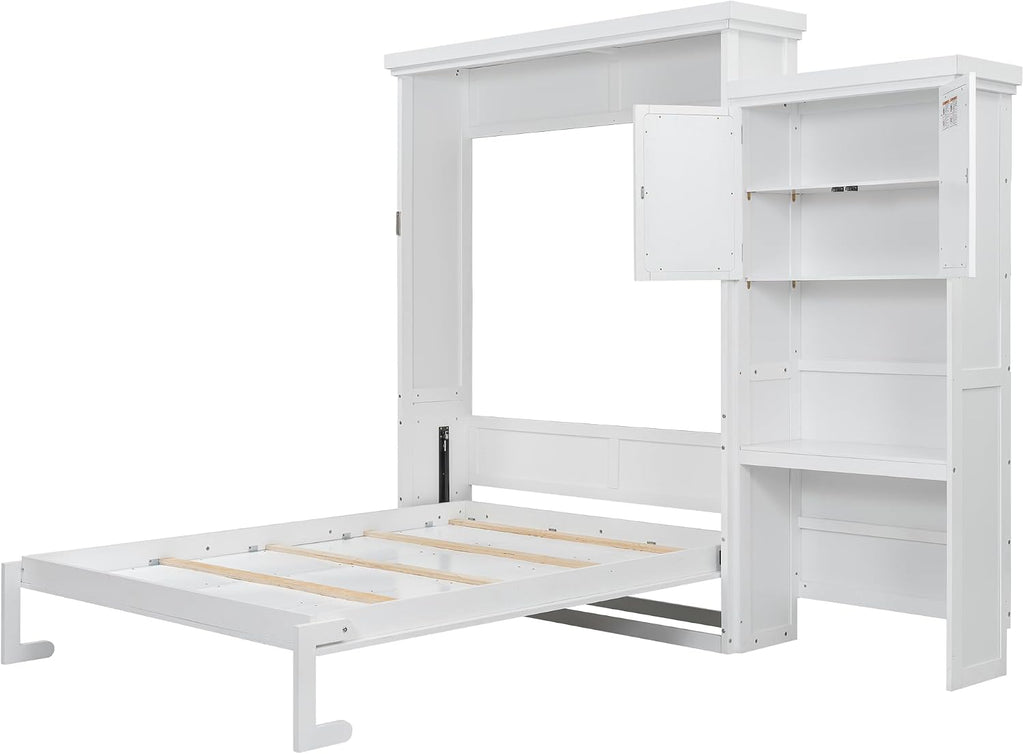 White Murphy Bed Queen with Shelves and Cabinet,Multifunctional Solid Wood Foldable Wall Bed with Louvered Style
