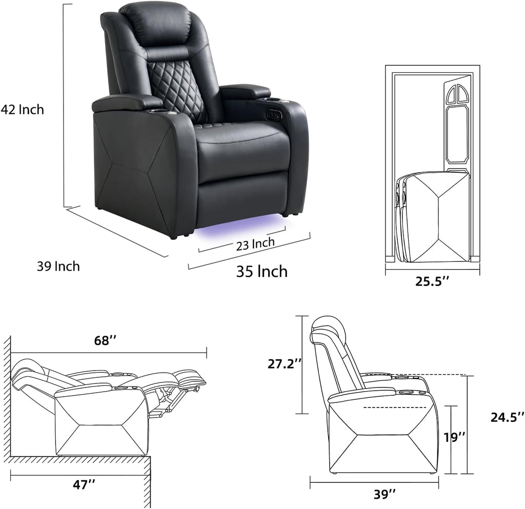 Home Theater Seating, Classic Series Leather Movie Theater Chairs, Power Headrest and Memory with C-Type USB Charger