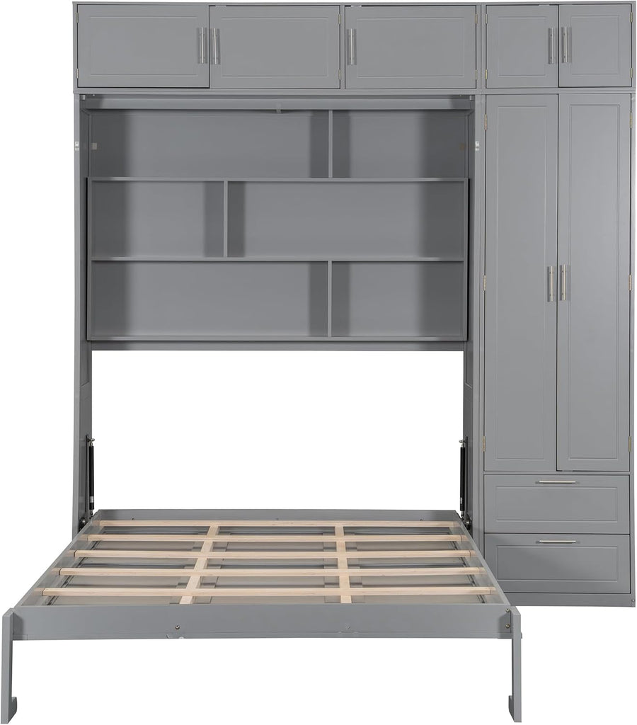 Queen Murphy Bed with Shelves, Top Cabinet and Wardrobe, Fold into The Wall, Multifunctional Foldable Platform Bed