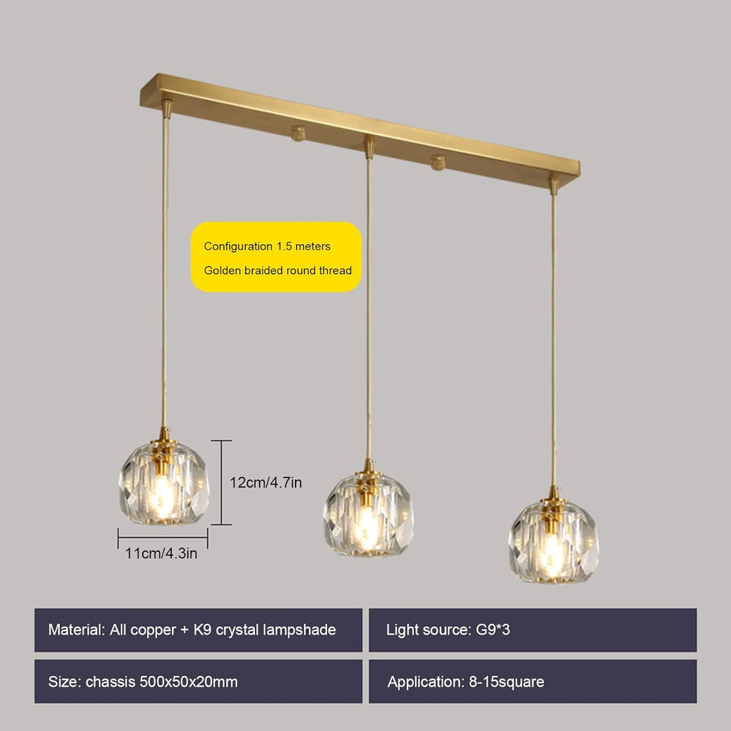 Crystal Chandelier _Light Fixture,All Copper Light Luxury Crystal Lamps Pendant Light,for Bedroom, Hallway, Bar Lighting,3 Heads Long Plate