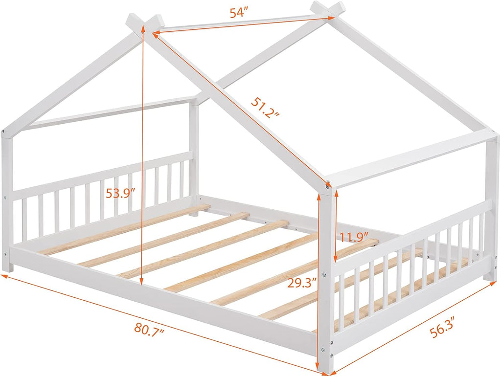 Full House Beds White Montessori Bed Wood Frame Kids Floor Bed with Headboard & Footboard for Children Boys Girls