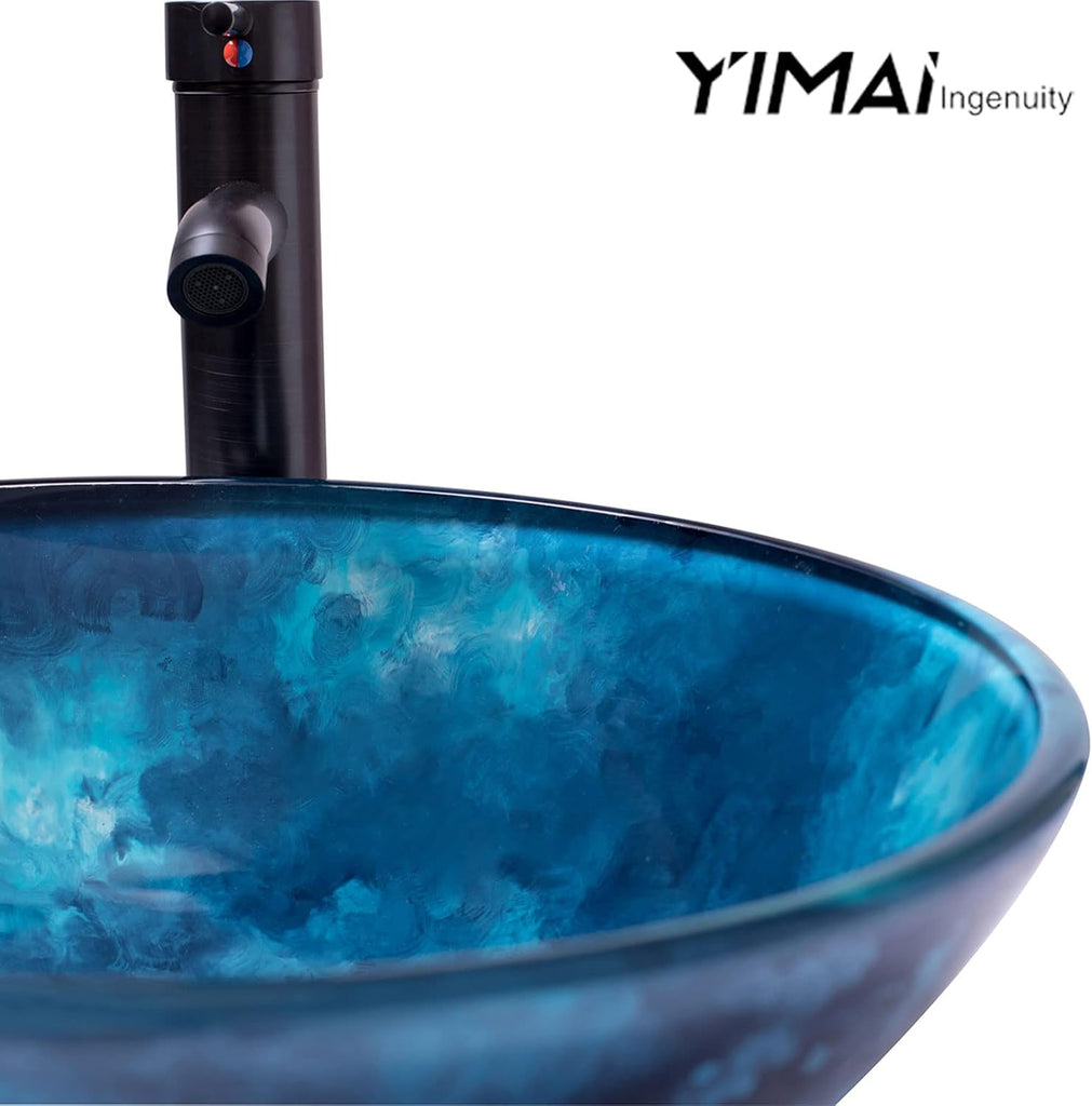 Vessel Sink 16.5" Bathroom Sinks Tempered Glass Blue Art Basin Round Bowl with Faucet Combo Blue,Modern Countertop