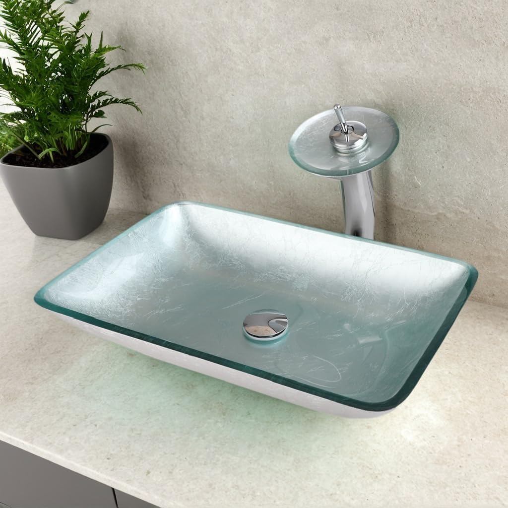 Tempered Glass Vessel Sink with Waterfall Faucet and Drain Combo 22 Inch Silver Rectangular Glass Bathroom Vessel