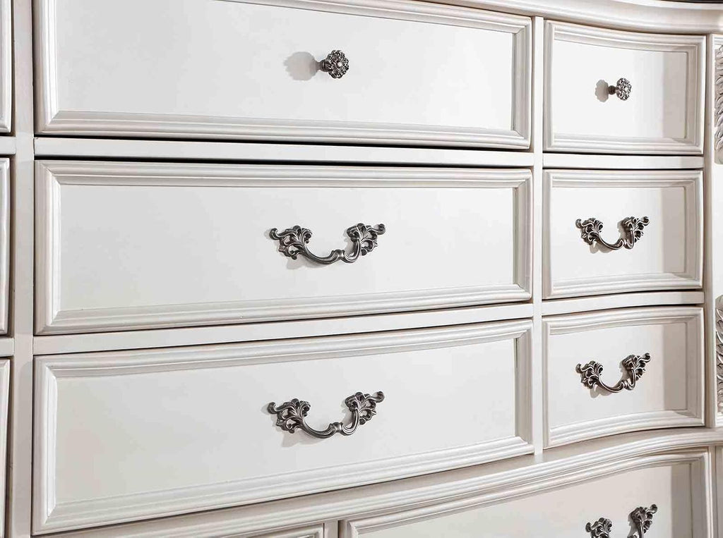 Luxury White 1pc Dresser Dovetail Drawers Genuine Marble Top Bronze Round Knob and Hanging Pulls Bedroom Traditional