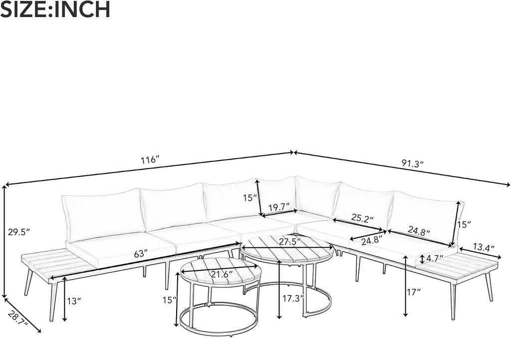 4-Piece Outdoor Sectional Sofa Set with Nesting Coffee Table and Cushion, Outdoor Acacia Wood L-Shaped Corner Sofa