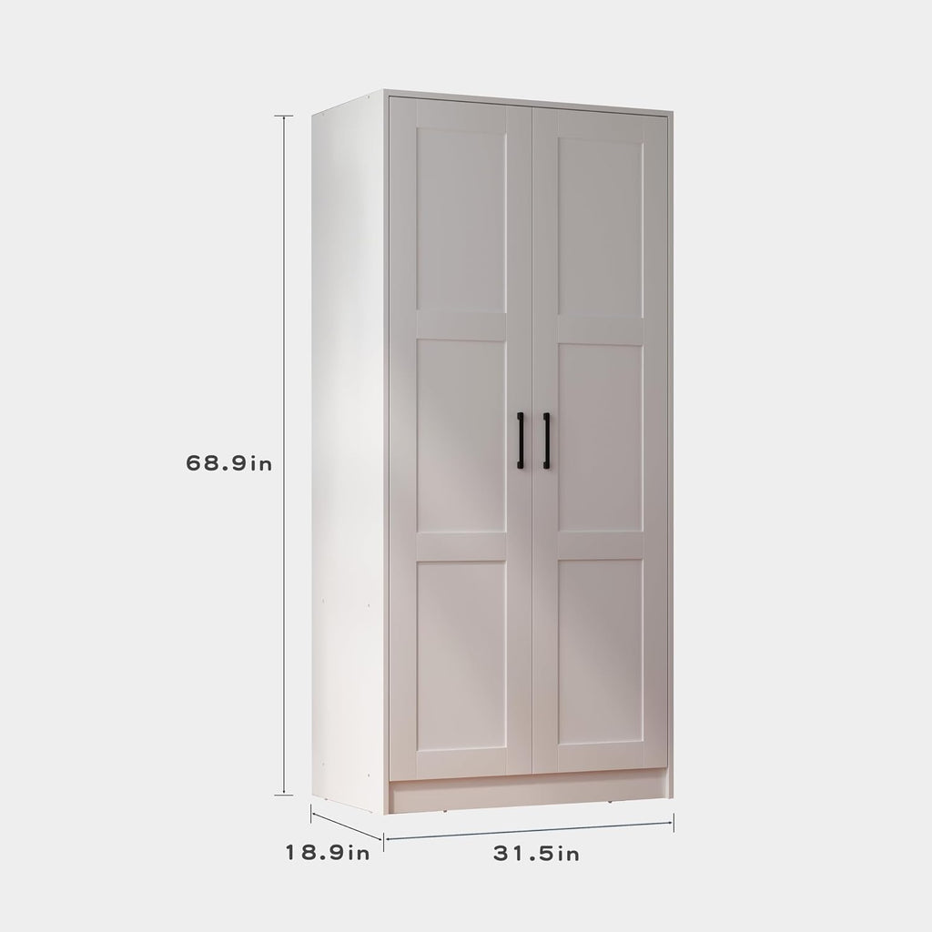 Fddevelop Wood White Wardrobe Closet with 2 Doors,Bedroom Freestanding Armoire Storage Cabinet with Shelves,Wooden