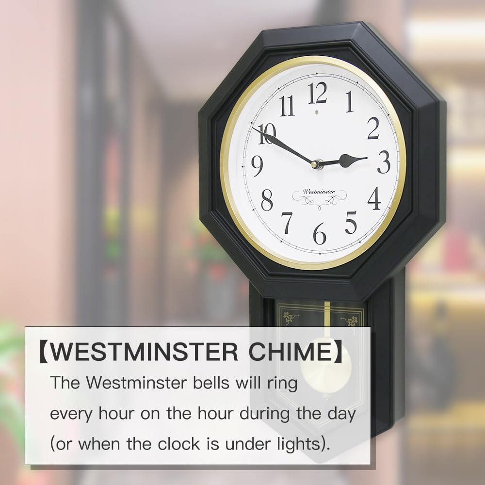 Plastic Pendulum Clock. Westminster Chime Every Hour,Elegant,Traditional Schoolhouse,Home,Office,Living Room,Bedroom. (Black Frame)