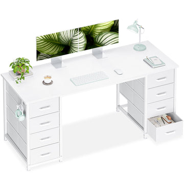 55 Inches Computer Desk with 8 Fabric Drawers, Modern Office Desk with Large Storage, Study, White
