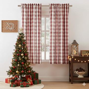 Red White Buffalo Check Window Curtain Panel 54 Inch Long, Burgundy Checkered Geometric Rod Pocket Window