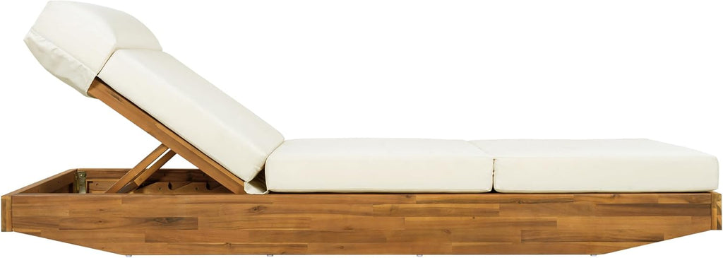 Modern Acacia Wood Outdoor Chaise Lounge with Dark Gray Water-Repellent Cushion & Integrated Headrest, Adjustable