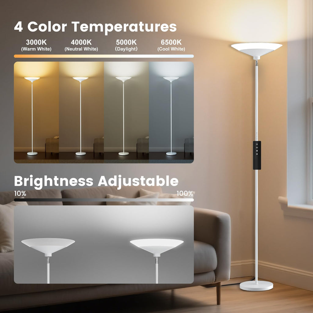 White Torchiere Floor Lamp - 30W Dimmable LED Standing Lamp with Remote/Button Control, 1800Lm - 72in