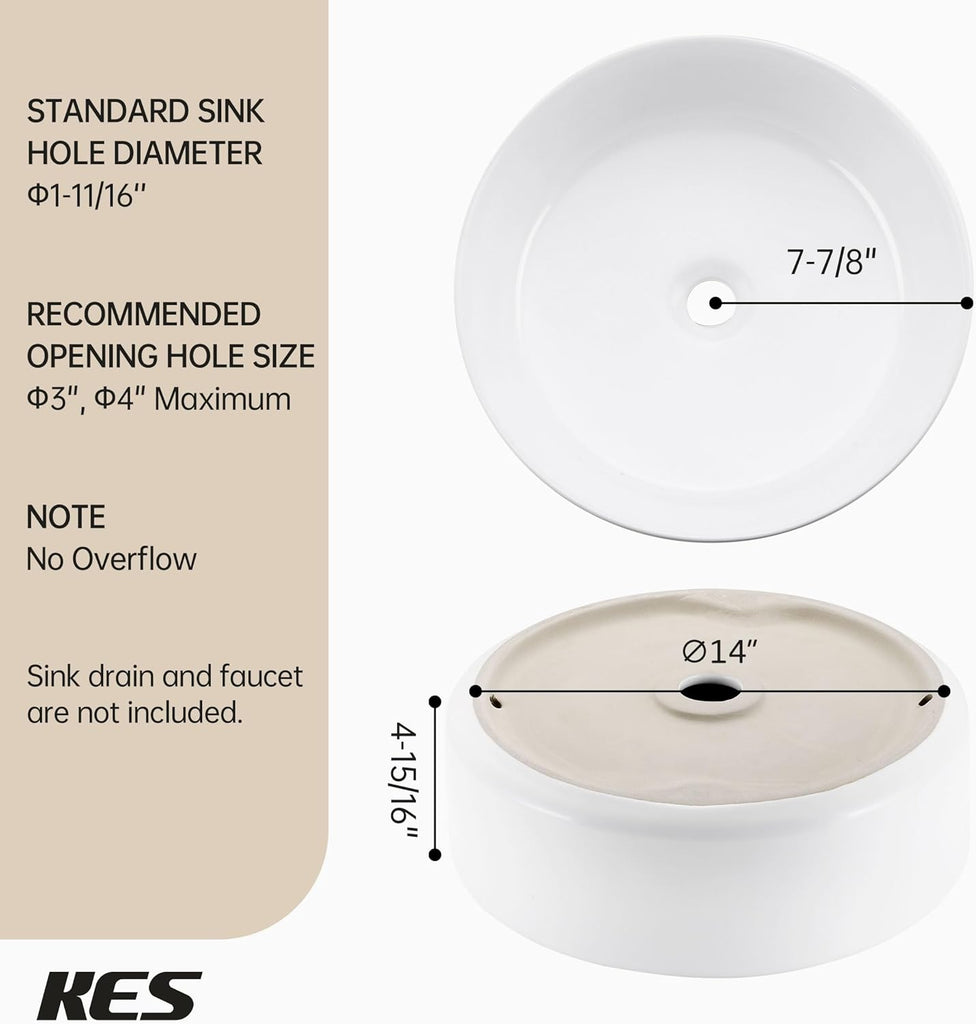 KES Round Vessel Sink, Bowl Sinks for Bathrooms 16 Inch Sink Bowl Above Counter Small Circular White Ceramic Vessel