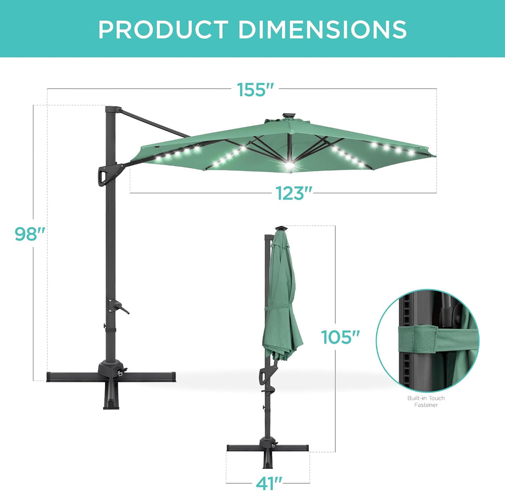 10ft Solar LED Cantilever Patio Umbrella, 360-Degree Rotation Hanging Offset Market Outdoor Sun Shade w/Lights - Seaglas