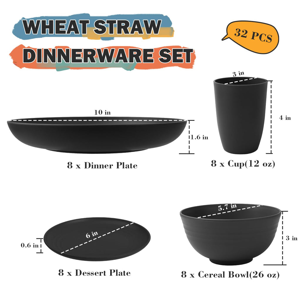 Wheat Straw Dinnerware Sets for 8, 32 PCS Unbreakable Plates and Bowls Sets, Reusable Dinnerware Set Outdoor and