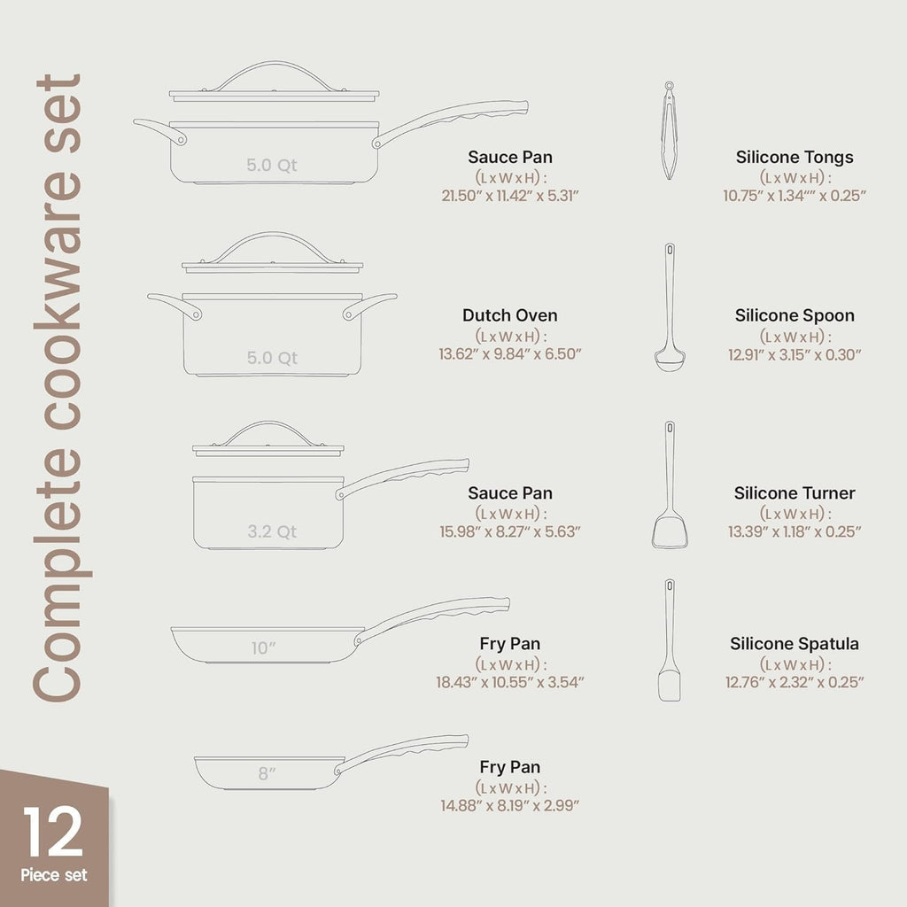 12-Piece Ceramic Cookware Set, Nonstick Pots and Pans Set, Non-Toxic PTFE & PFAS-Free Cookware with Silicone