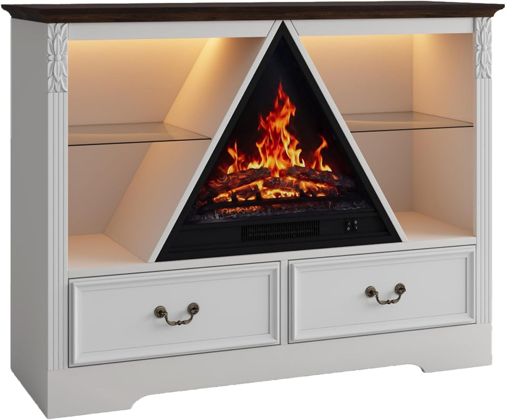 91" Electric Fireplace TV Stand with Mantel, Antique White Entertainment Center with Carving Holds TV up to 100 Inch
