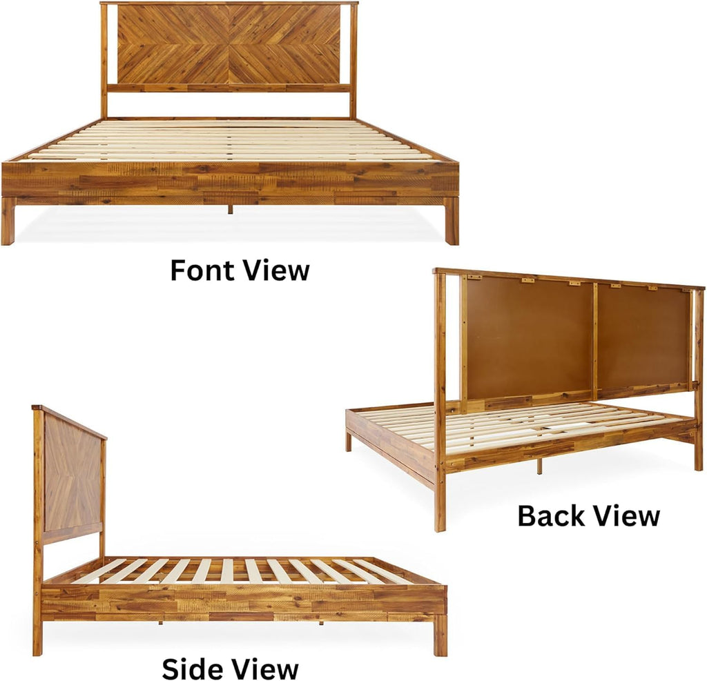 Vivian 14 Inch Deluxe Bed Frame with Headboard, Rustic & Scandinavian Style with Solid Acacia Wood