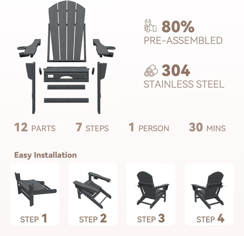 HDPE Folding Adirondack Chair, 20" W | 400 lbs | 2 Cup Holders, Grey | Weather Resistant, Retractable Ottoman, Wooden