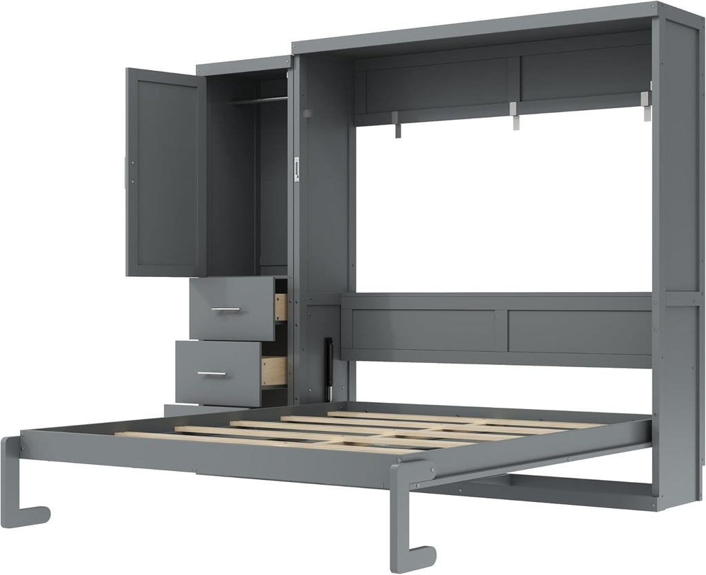 Queen Murphy Bed with Storage Wardrobe and Drawers,Solid Wood Farmhouse Murphy Wall Bed Cabinet with Drawers for Bedroom Office Guest Room,Foldable (Gray,Queen)