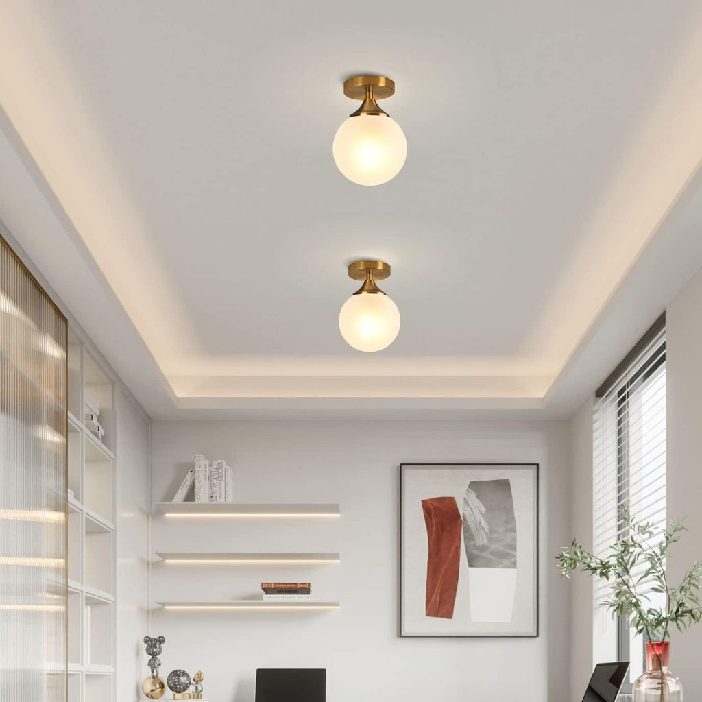 Brass Gold Small 5.9" Milk Glass Globe Semi Flush Mount Ceiling Light | E26 Hardwired Indoor, Mid Century Modern