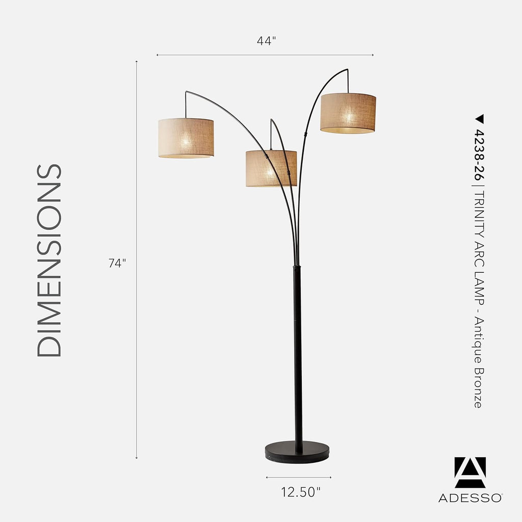 Arc Floor Lamp with 3 Movable Shades & Dimmable Brightness - Perfect Lighting and Corner Decor, Antique Bronze