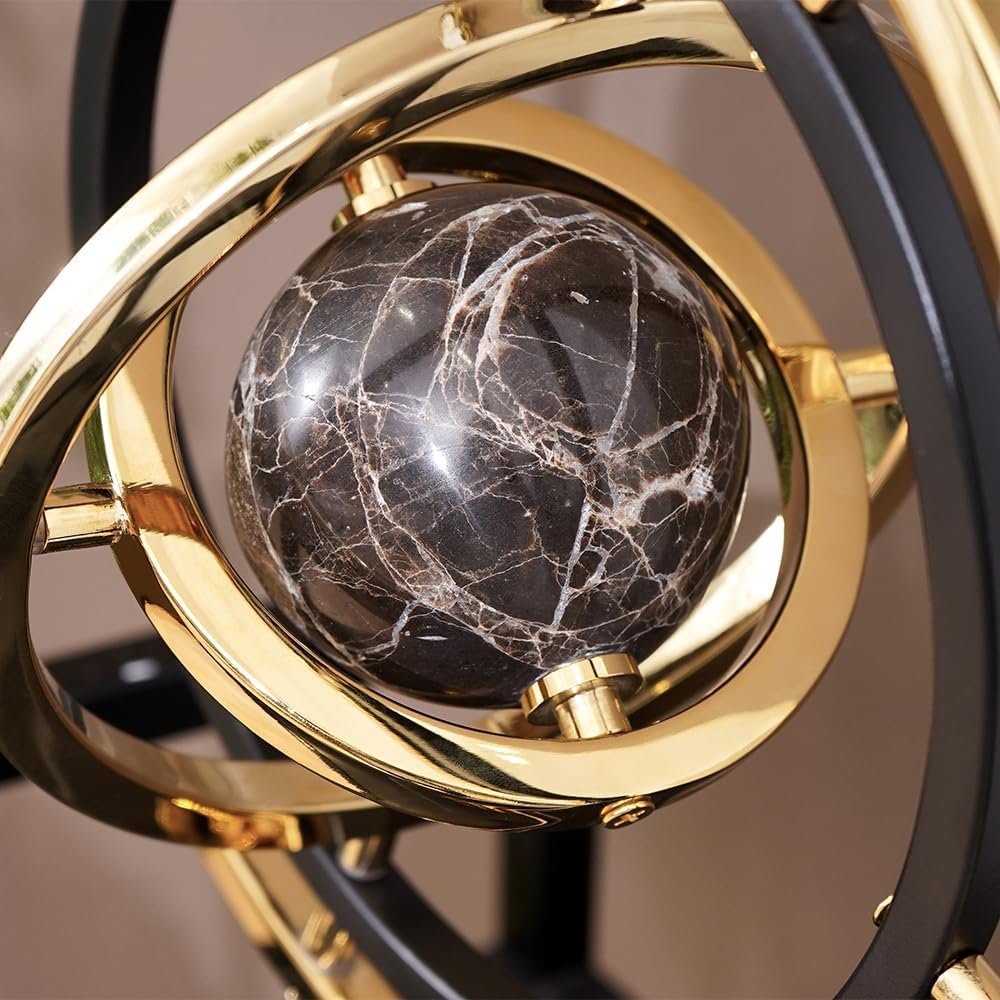 Modern Abstract Art Decoration Metal Globe Ornament Sculpture Decor with Rectangle Stand Black & Gold