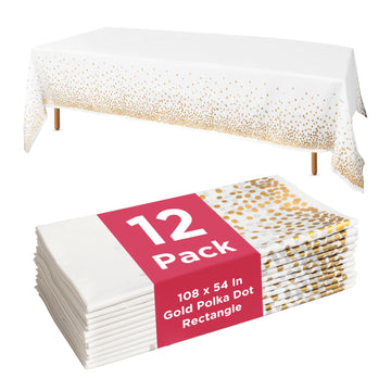12-Pack White and Gold Tablecloth - 54x108 Inch - Disposable Table Covers for Party, Weddings, and Holidays