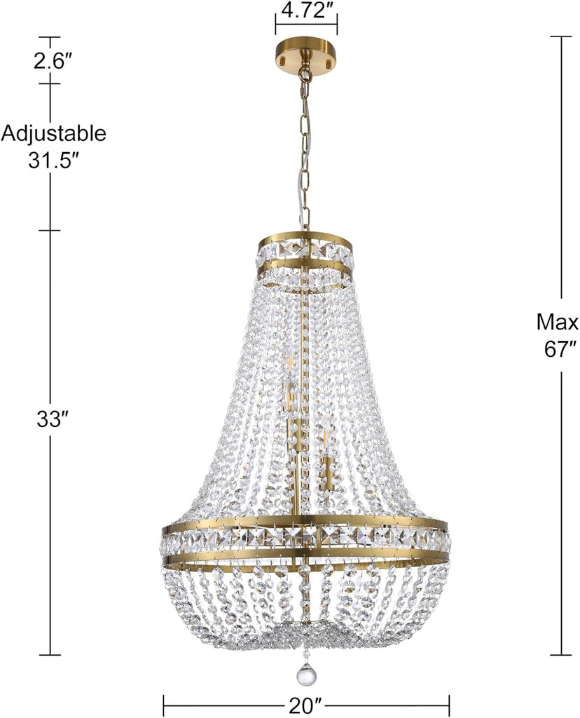 Crystal Chandelier Light, 8 Lights French Empire Chandeliers Lighting Ceiling Fixture Hanging Pendant for Dining Living Room Foyer Kitchen Bedroom Entryway, 20''W (Brass, 20)