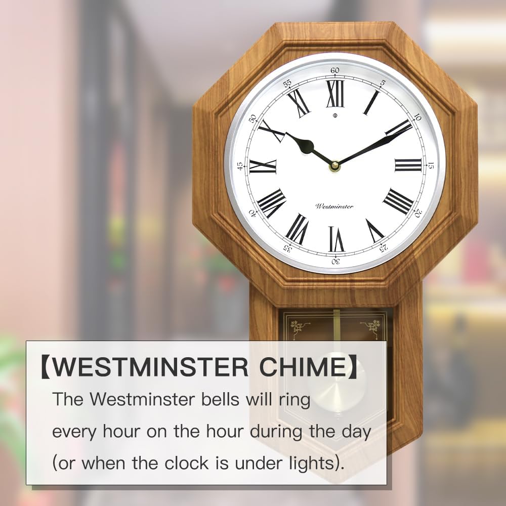 Plastic Pendulum Clock Wood Grain Color.Sturdy Frame.Westminster Chime Every Hour,Elegant,Traditional Schoolhouse,Home,Office,Living...