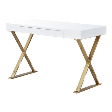Barry 47" White Gloss Computer Desk with Center Drawer, Sleek X Frame Sled Style Stainless Steel Base, Modern