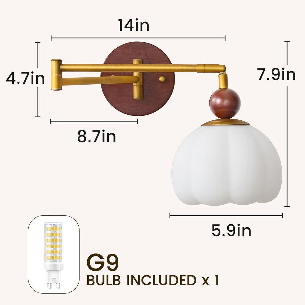 Swing Arm Wall Lamp, Mid Century Modern Adjustable Wall Sconce with Gold Metal Swing and Cream Dome Shade, Retro