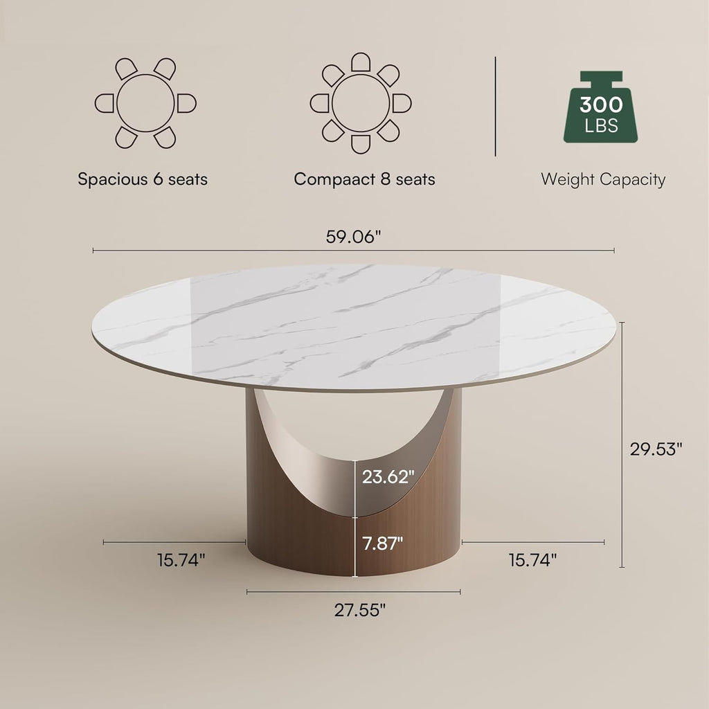 59" Round Dining Table for 6, Glossy White Sintered Stone Dining Tabletop with Bronze Carbon Steel Pedestal, Modern