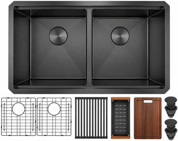 Black Undermount Kitchen Sink, 32 Inch Double Bowl Sink | Black Stainless Steel Kitchen Sink, 32" x 18" T304 16 Gauge