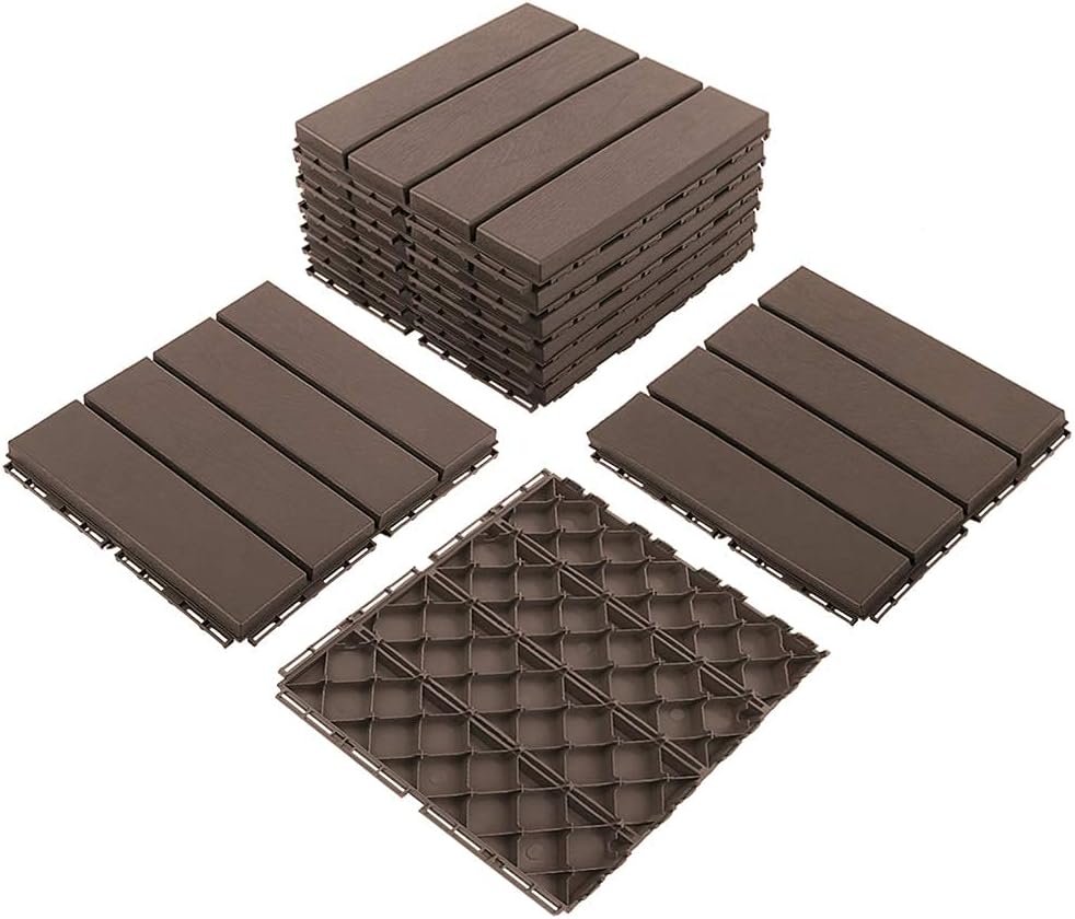 Patio Deck Tiles, 12 x 12 inches Composite Interlocking Decking Tile, Four Slat Plastic Outdoor Flooring, 9 Pieces One