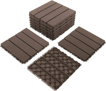 Patio Deck Tiles, 12 x 12 inches Composite Interlocking Decking Tile, Four Slat Plastic Outdoor Flooring, 9 Pieces One