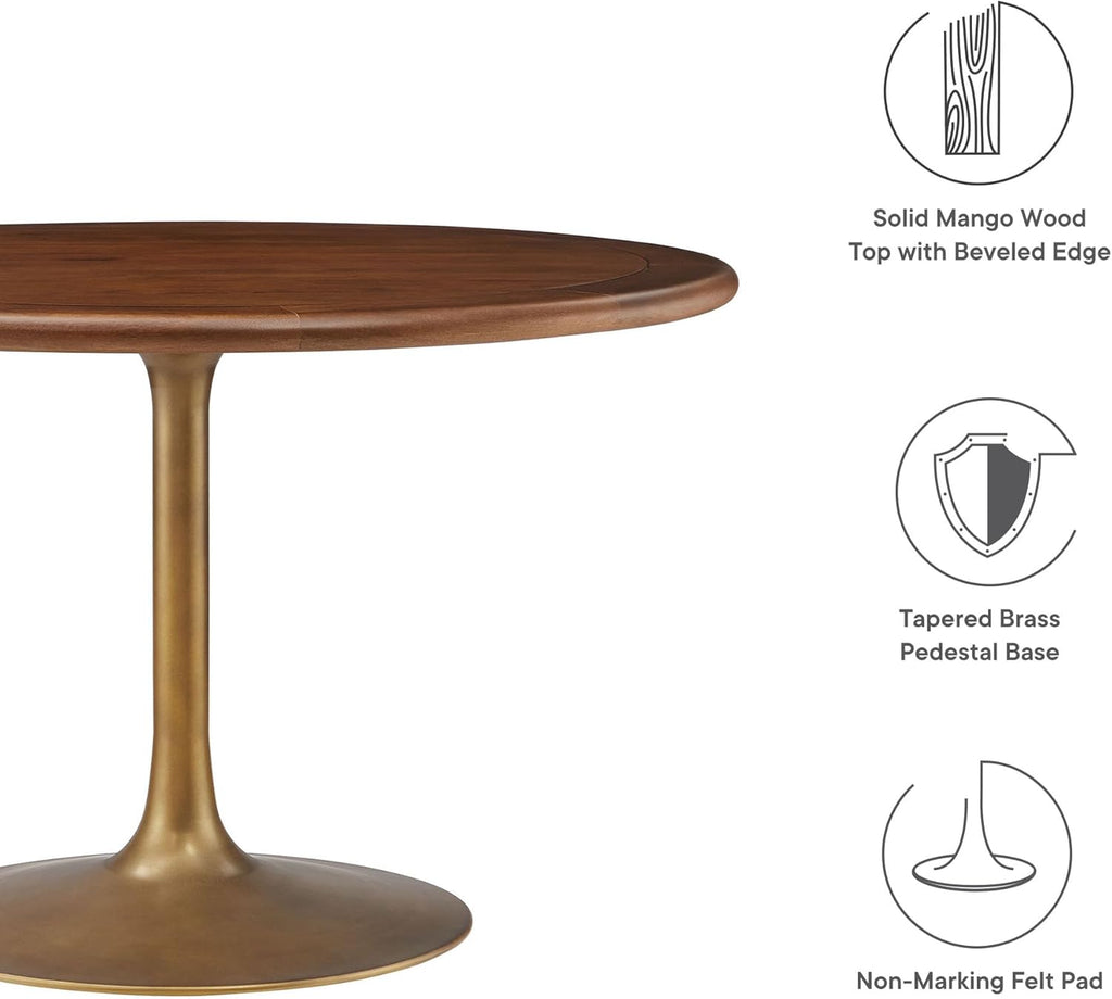 Inspired Saarinen Style Tulip Round Pedestal Dining Table — Brass Base / Walnut Top, 48″ Round
