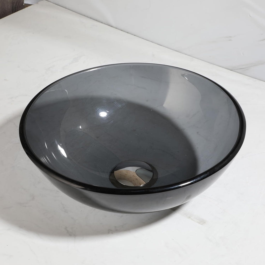 12 Inch Round Bathroom Sink Bowl with Drain Combo,Clear Black Glass Vessel Sink Basin Above Counter Tempered Glass Sink