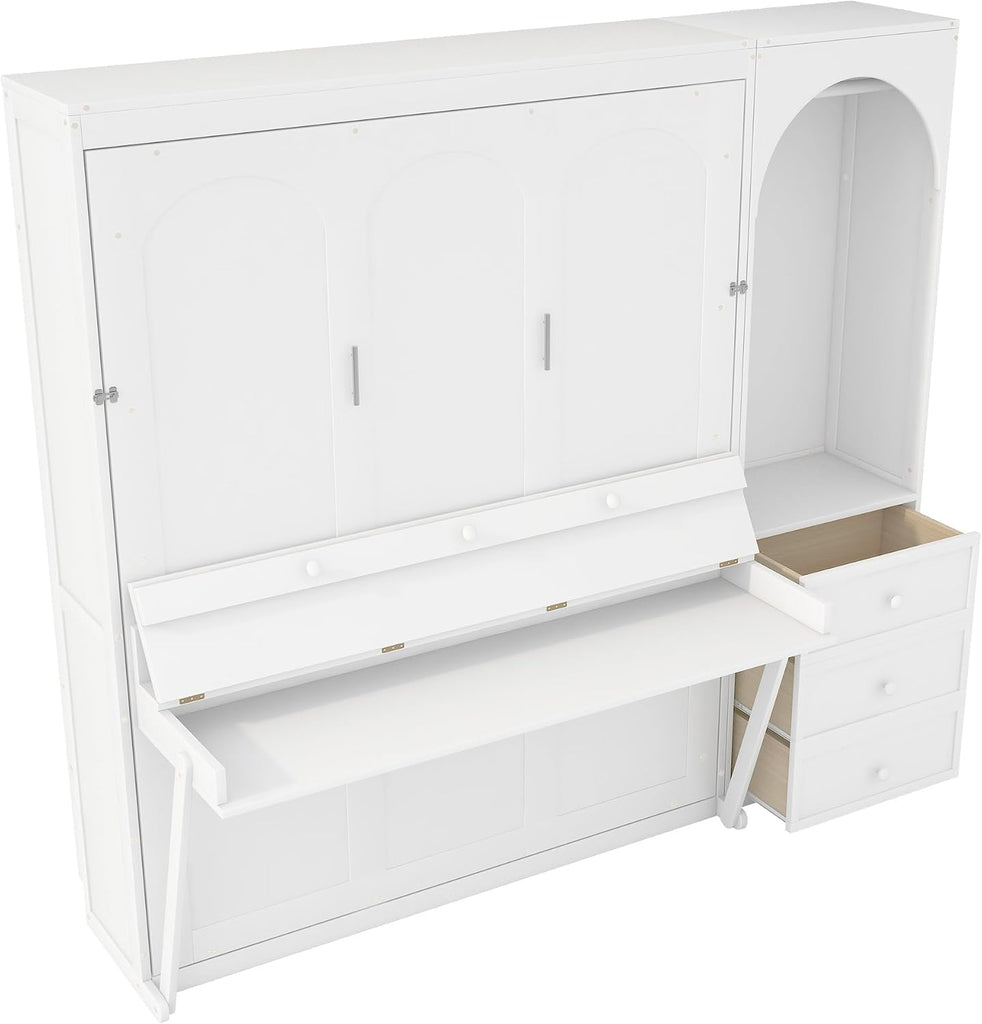 Queen Murphy Bed,Murphy Bed with Storage Shelf,LED Light Closet Rod and 3 Drawers,White
