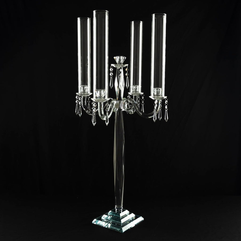 Crystal 4-Arm Candelabra Taper Candle Holder with Hurricane Glass Shades - Table Centerpiece with Pedestal Base &
