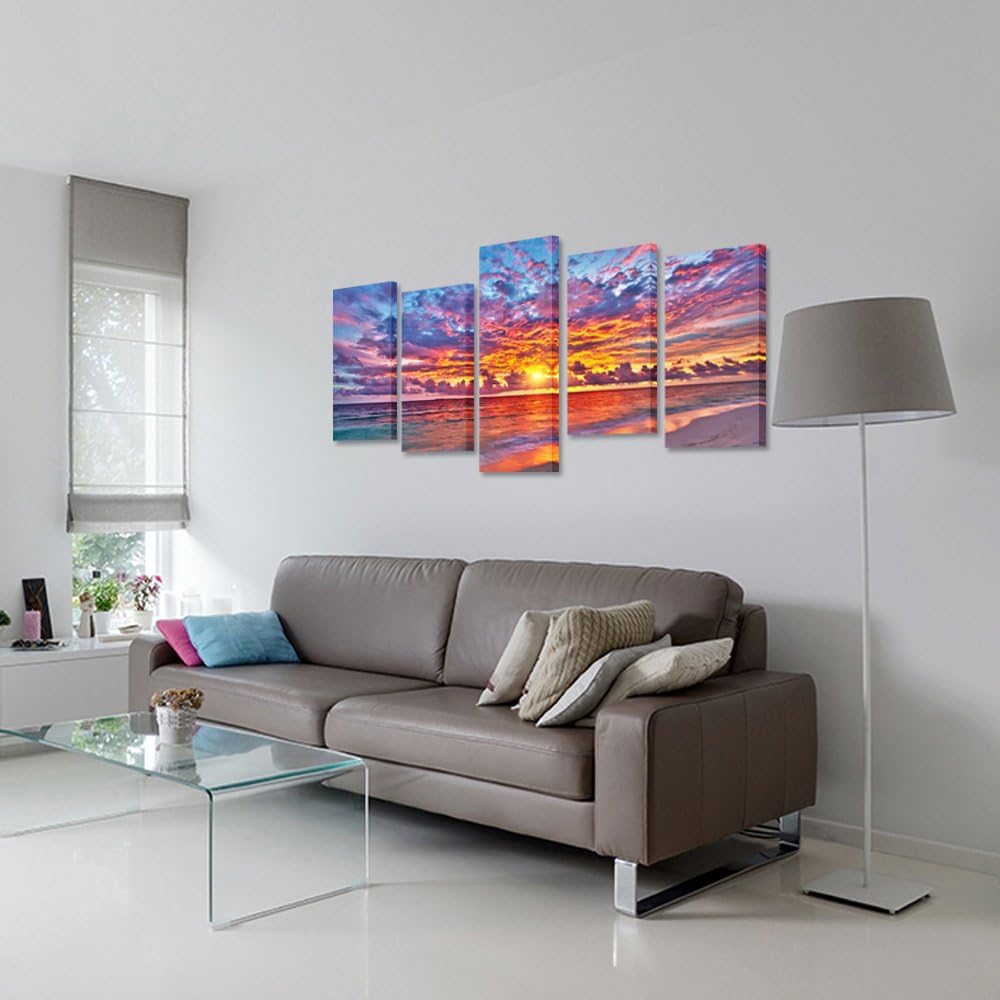 5 Pieces Modern Canvas Painting Wall Art Colorful Sunset Over Ocean on Maldives Seascape Picture Print On Canvas