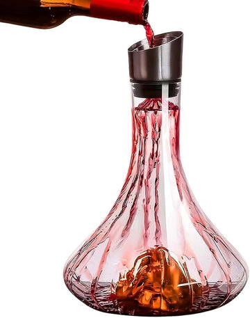 Hand-Blown Crystal Glass Wine Decanter with Built-in Aerator & Golden Peak Base - 750 ml Red Wine Carafe for Dinner