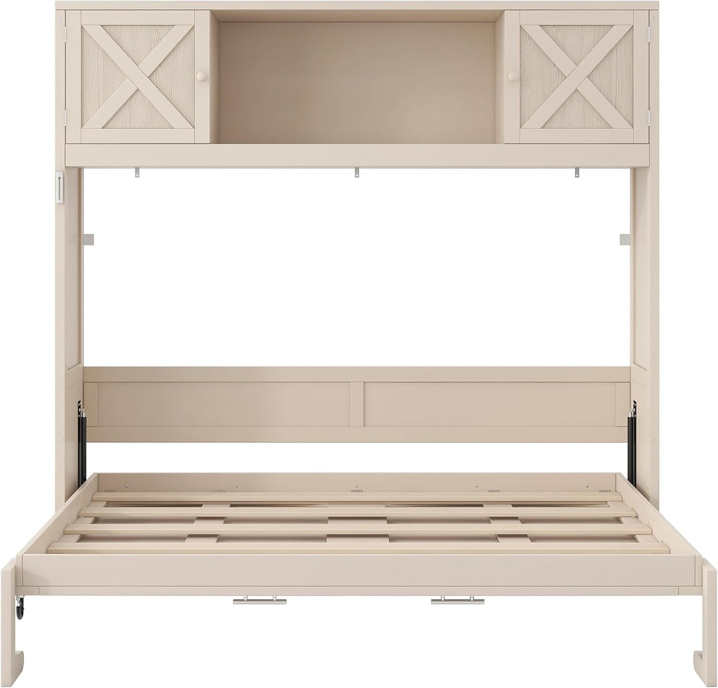 Full Murphy Bed with Storage Cabinets, Rustic Solid Wood Wall Bed with 3 Cabinet Shelves, Space Saving Foldable Bed