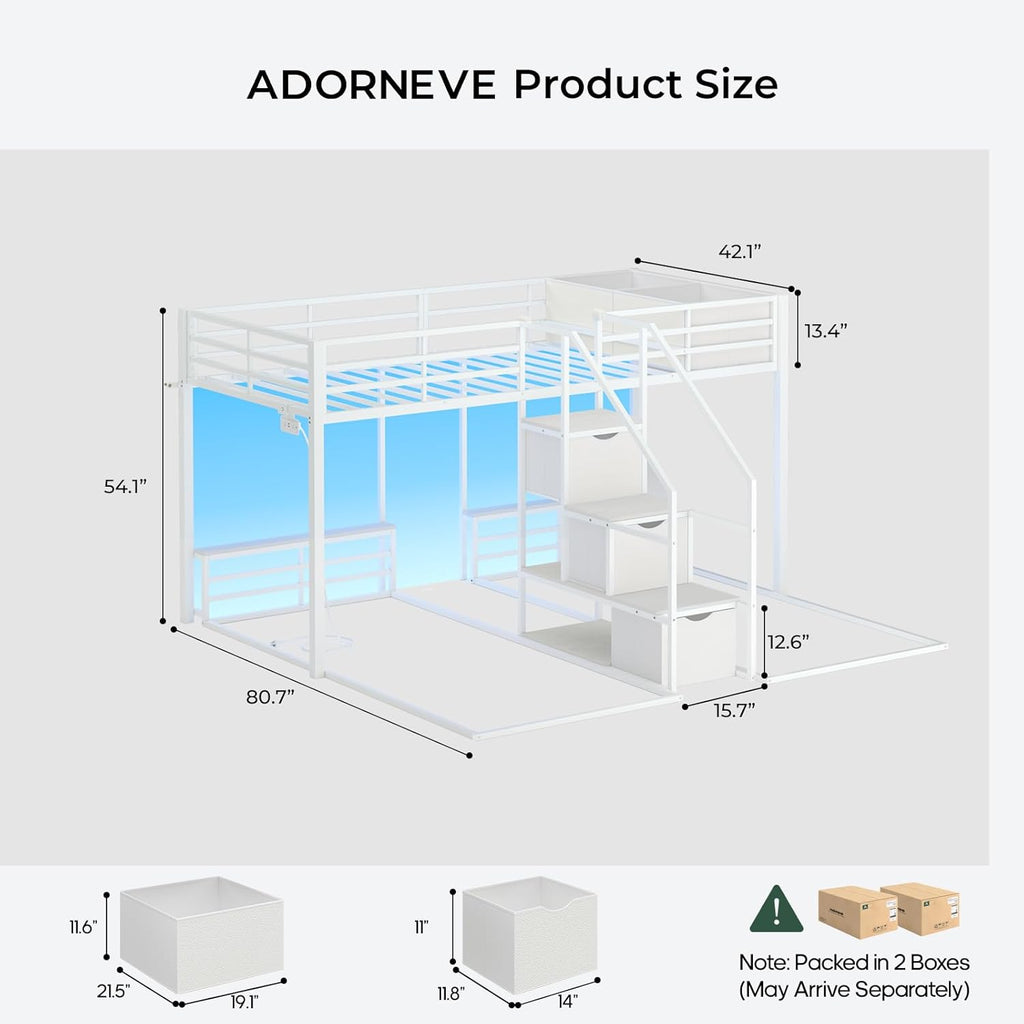 Triple Bunk Bed Twin Over Twin with Storage Staircase, RGB Lights & Power Outlets